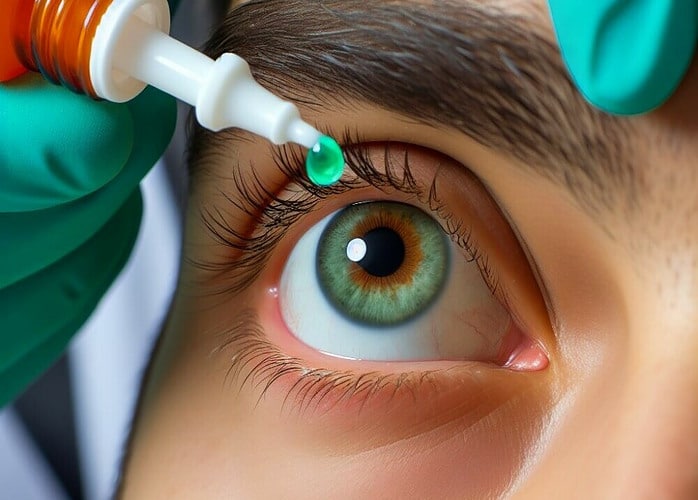 optometrist instilling lissamine green dye into patient's eye