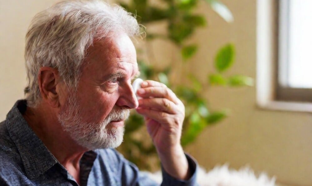 man applying compress to his eye