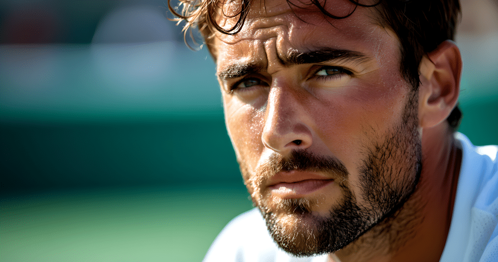 male tennis player's face during a match, squinting and showing signs of eye discomfort