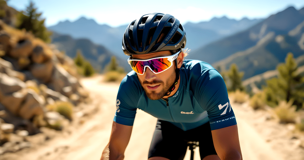 Professional cyclist wearing wraparound sports sunglasses